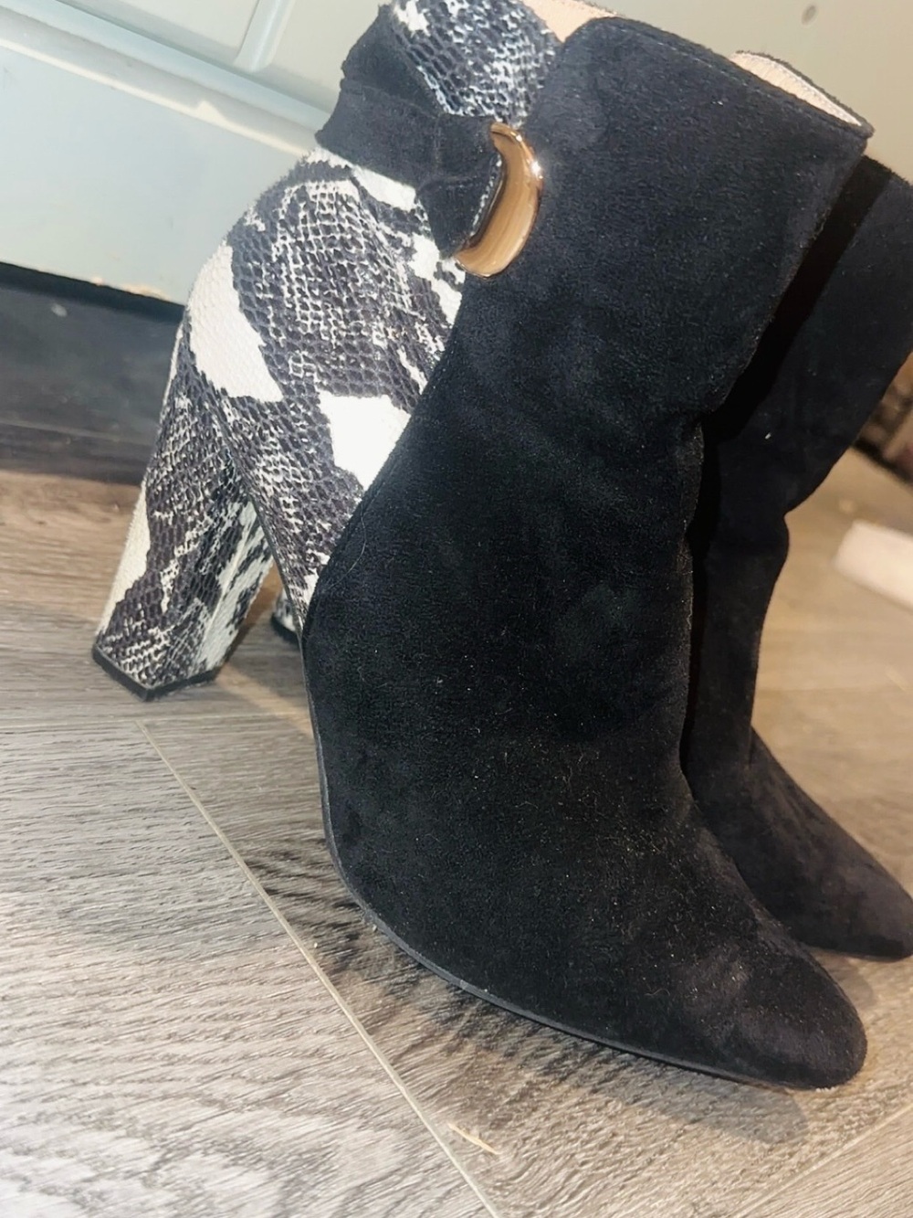 Black Suede Ankle Boots with Snake-Print Heel